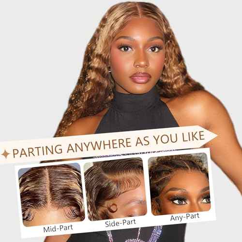 24 Inch Highlight Ombre Deep Wave Lace Front Wigs Human Hair Wig 13x6 Honey Blonde Wig Human Hair HD Glueless Deep Wave Wig 4/27 Colored Wet and Wavy Curly Wig Baby Hair for Women