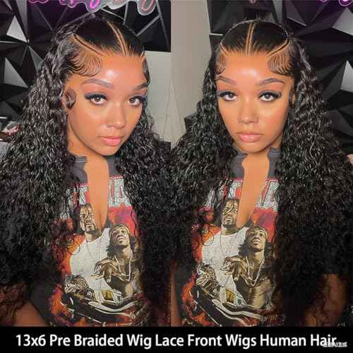 Burmese Curly Wig Human Hair Pre Braided Wig 13x6 Water Wave Lace Front Wigs Human Hair 180% Density Glueless Transparent Lace Frontal Wigs Pre Plucked for Black Women with Spiral End (22 Inch)