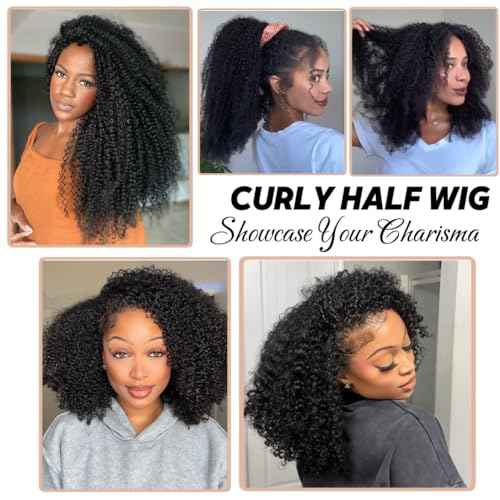 Kinky Curly Half Wig Human Hair 3 in 1 Glueless Wear And Go Human Hair Half Wigs For Women Seamless Flip Over Drawstring Headband Wig 180% Density Beginner Friendly 1B 20inch