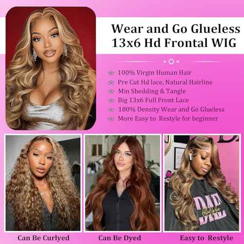 Honey Blonde Wig Human Hair Highlight Lace Front Wig Human Hair Ombre Glueless Wigs Pre plucked Pre Cut 13x6 Hd Full Lace Front Wig 180% Density Body Wave Full Frontal Wig 4/27 Colored 24 Inch