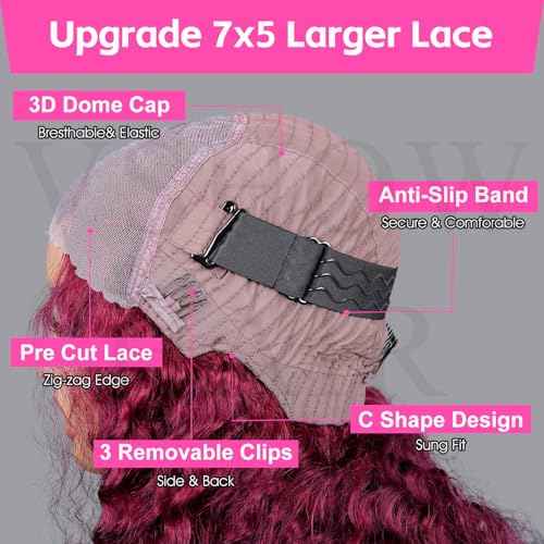 V SHOW 99j Burgundy Lace Front Wig Human Hair 180% Density Glueless Wigs Human Hair Pre Plucked Pre Cut 7x5 Deep Wave Lace Closure Wigs 18 Inch Pre Everything Burgundy Glueless Wig for Women