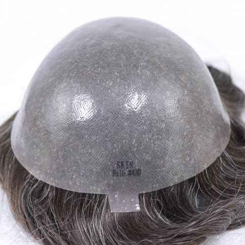HAPPY&CC Grey Thin Skin Toupee for Men Hair Replacement Systems 8x10 Inch PU Poly Mens Toupee Human Hair Piece 430# Medium Brown with 30% Synthetic Gray