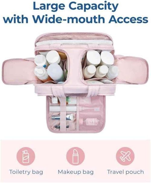 Elouva Toiletry Bag, Toiletry Bag a 4-in-1 Travel Organizer, Large Capacity Wide-Open Travel Cosmetic Bag, Multi Functional Lightweight Makeup Bags with Handle, Dry-and-Wet Separation (Pink)