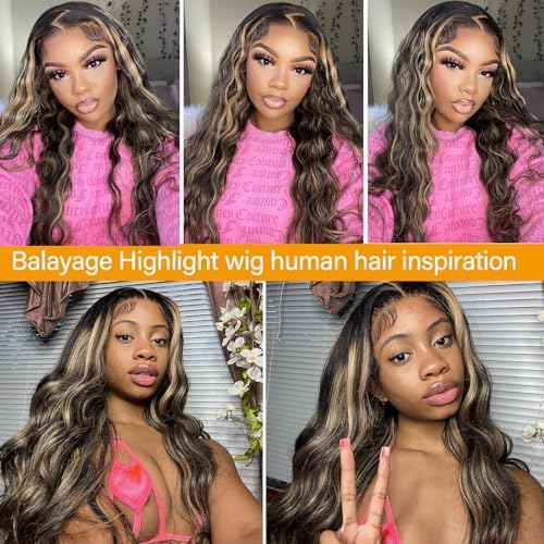 13x4 FB/27 Balayage Highlight Lace Front Wig Human Hair Pre Plucked 180 density Body Wave Wigs Human Hair for Women 18inch Ombre HD Lace Front Wig