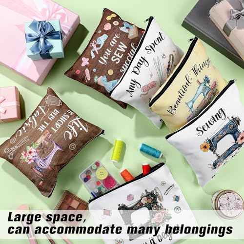 Reginary 6 Pcs Sewing Themed Makeup Bag Funny Sewing Gifts Canvas Cosmetic Pouch with Zipper Quilter Gifts for Women Quilter Enthusiast Mother's Day