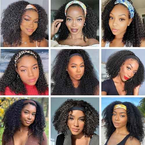 Brazilian Curly Headband Wig - 12 Inch Human Hair, Glueless, No Lace Front, Natural Color