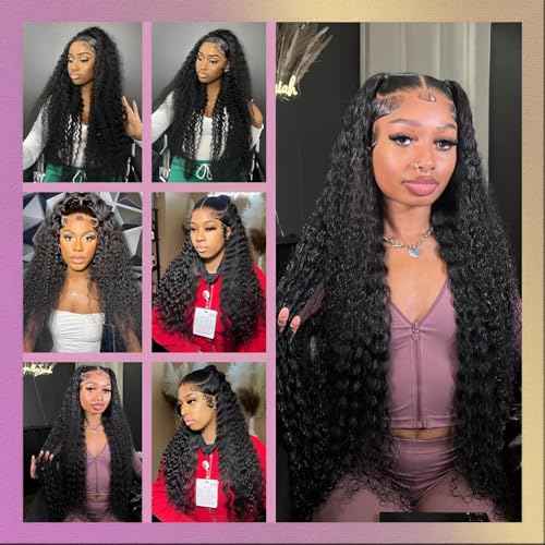 HD Transparent Lace Frontal Wigs Human Hair Deep Wave Wig 13x6 Lace Front Wigs Human Hair Pre Plucked 180 Density Curly Wigs for Black Women Natural Hairline Natural Color 24 Inch