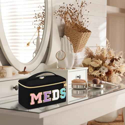 Geetery Clear Makeup Bag Chenille Letter Meds Bag Travel Cases Preppy Patch with Zipper, Portable Cosmetic Toiletry Storage case for Women(Meds,Black)