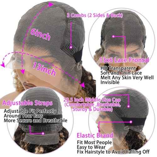 28 Inch Ombre Highlight Lace Front Wigs Human Hair Deep Wave 13x6 Transparent Lace Front Wigs 4/27 Ombre Human Hair Wet and Wavy Curly Glueless Wig Pre Plucked with Baby Hair 180% Density
