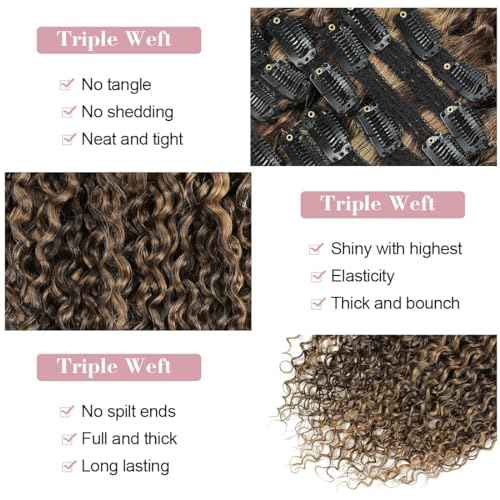 Urbeauty Curly Clip in Extensions Remy Human Hair Brown Highlight Blonde Natural Wavy Hair Extensions 20 Inch 120g Triple Weft Clip in Hair Extensions Full Head Kinky Curly Human Hair 4/27 Color