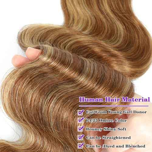Vallbest Ombre Human Hair Bundles with Closure 16 18 20 +14 Inch Highlight Bundles Human Hair 4/27 Brown Body Wave Blonde Bundles with 4x4 Closure 12A Brazilian Virgin Remy Weave Raw Hair Extensions