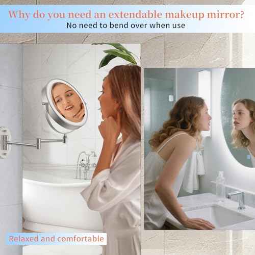 FUNTOUCH 9" 30X/1X Magnifying Wall Mounted Lighted Makeup Mirror, 4500mAh Rechargeable Double Sided Mirror with Light, 3 Color Lights,Touch Dimmable, 360 Rotation Extended Arm for Bathroom,Nickel