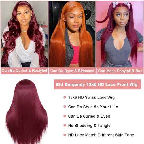 LICHANG 99J Straight Lace Front Wigs Human Hair Red Colored Wig Pre Plucked with Baby Hair for Black Women, 13x6 Burgundy Lace Frontal Wig Brazilian Virgin Human Hair Glueless 26 Inch