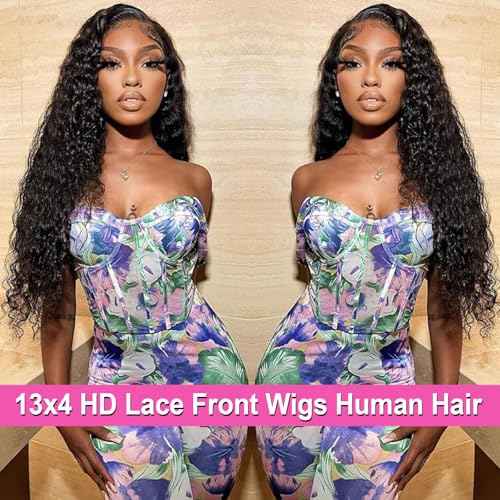 28 Inch Deep Wave Human Hair Lace Front Wig for Women 13x4 HD Transparent Lace Frontal, 180% Density Glueless, Pre - Plucked with Baby Hair in Natural Color