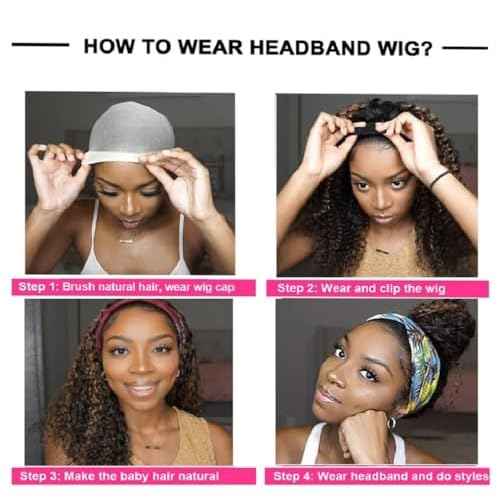 Ombre Headband Wig Human Hair Deep Wave 4/27 Highlight Curly Human Hair Wigs for Black Women Glueless None Lace Front Brazilian Virgin Hair Wear and Go 24 Inch