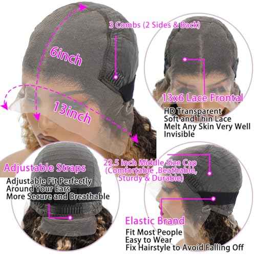 P4/27 Highlight Deep Wave Wig Human Hair 13X6 Highlight Lace Front Wig Human Hair 210% Density Ombre Curly HD Transparent Lace Frontal Wigs Human Hair Wet and Wavy Wig Pre Plucked 22 Inch