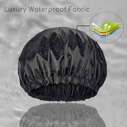Shower Caps, Silk Lined Shower Cap for Women,Reusable,Adjustable Size, Washable & Waterproof,Large Satin Shower Cap-Black