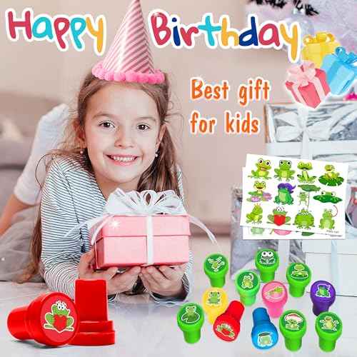 36PCS Frog Party Favors - 24PCS Pre-Cut Temporary Tattoos & 12PCS Stamps - Ideal Animal Frog Princess Themed Birthday Card Decorations Supplies Goodie Bag Cute Rewards for Boys Girls Classroom Gifts