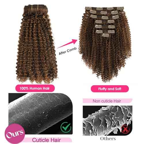Kinky Curly Clip in Hair Extensions 120g Double Weft Curly Hair Extensions #P4/27 Dark Brown Highlight Blonde Kinky Curly Clip ins Remy Human Hair Clip in Extensions 7Pcs 18 Inch