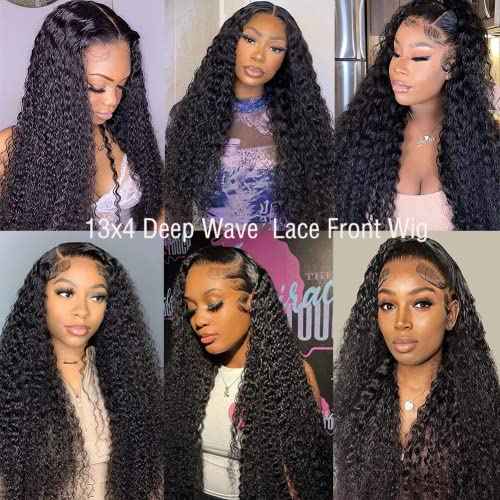Deep Wave Lace Front Wigs Human Hair Wigs for Black Women 13x4 HD Transparent Lace Frontal Glueless Wigs Human Hair Pre Plucked 180% Density Natural Black natural color 24 inch