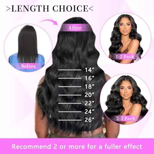 24 inch Seamless Body Wave Clip in Extensions Real Human Hair Extensions Clip Ins 110g 7pcs Thick Invisible Clip in Hair Extensions #1B Natural Black