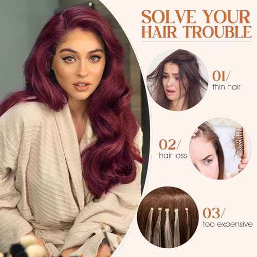 S-noilite Halo Hair Extensions Real Human Hair,Invisible Wire Hair Extensions with Adjustable Fish Line Halo Extensions for Women 16Inch 80G(Wine Red)