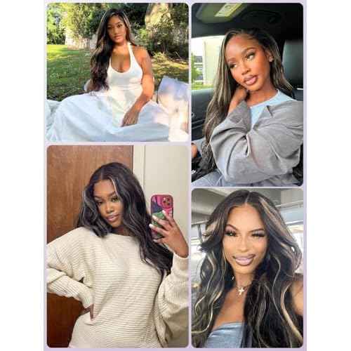 Black With Platinum Blond Highlight Bundles and 2x6 HD Lace Closure Body Wave Human Hair, 12A Balayage Ombre Skunk Stripe 3 Bundle With Long Deep Part Natural Black 2x6 Kim K Closure 10 12 14+10