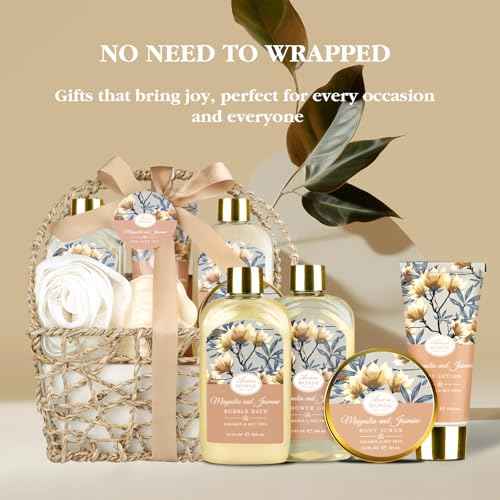 Home Spa Gift Basket, Bath Spa Kit for Women, with Body Lotion, Shower Gel, Bubble Bath, Body Scrub, Bath Salt, Bath Bomb, Bath Gift Set for Mother, Wife Her, with Magnolia and Jasmine Scent