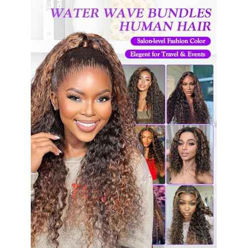 Water Wave Curly 1b/30 Human Hair Bundles 20 Inch - Brown Highlight and Black Balayage Bundles Wet and Wavy Sew In Weave, 12A Glossy 100% Unprocessed Brazilian Raw Virgin Hair, P1b/30 Color, Single