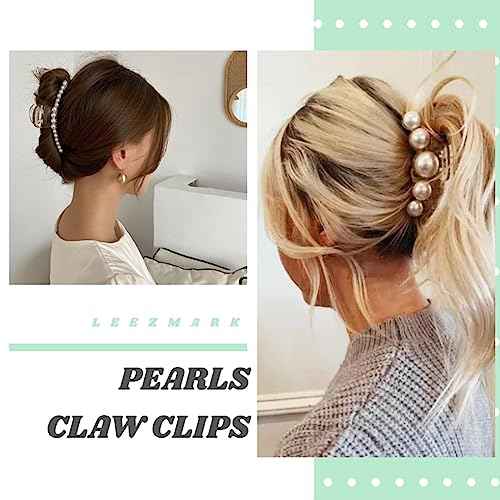 Leezmark 6 PCS Pearl Hair Clips, Wedding Hair Clip for Thick Long Thin Curly Hair White Fancy Big Claw Clips Hair Accessories for Women, Girls