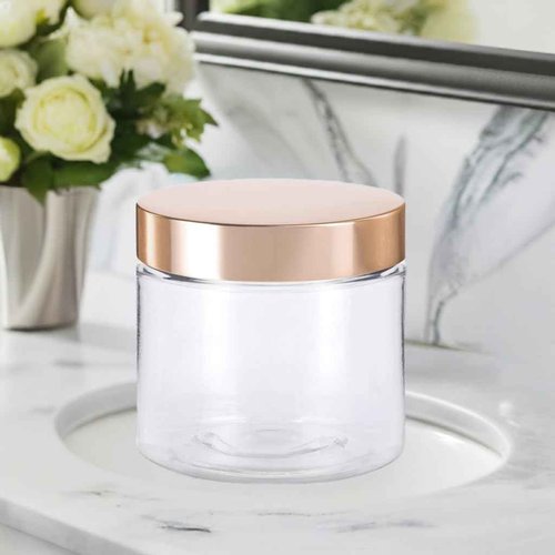 JUVITUS 4 oz / 120 ml Clear PET Plastic (BPA Free) Refillable Jar with Gold Metal Overshell Lid (6 Pack) + Spatulas