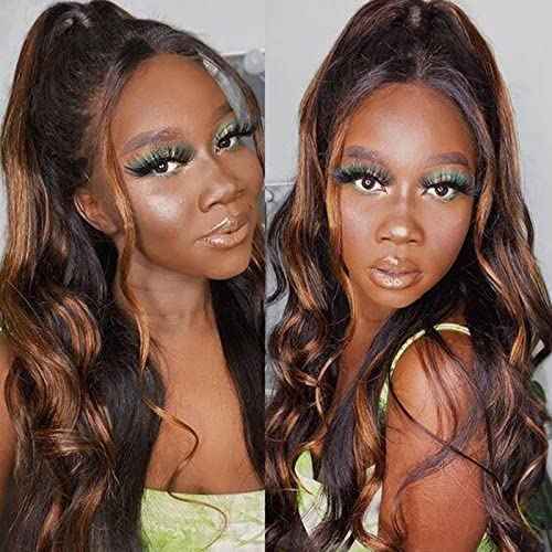 Highlight Ombre Lace Front Wig Human Hair 4x4 Balayage FB30 Body Wave Honey Blonde Lace Frontal Wigs with Baby Hair Natural Hairline Pre Plucked Brazilian Closure Wigs for Black Women 30inch