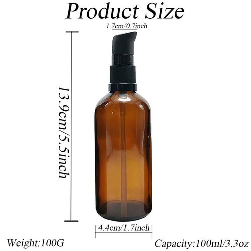 UPSTORE 2Pcs (100ml/ 3.4oz) Amber Glass Empty Pump Press Bottles with Cap Refillable Portable Bottle Vial Case Makeup Pot Jar Travel Sub Bottling for Lotion Essence Emulsion Essence Serum Shampoo