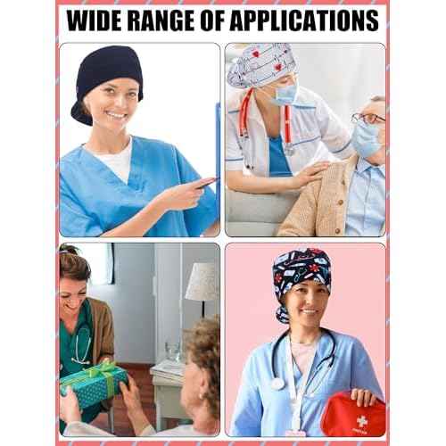 6 Pcs Satin Lined Scrub Caps Women Nurse Surgical Hat with Buttons Ponytail Working Adjustable Pouch Tie Back