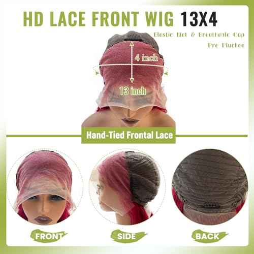 30 Inch Burgundy Body Wave Human Hair Wig 13x4 Lace Front Wigs Human Hair Pre Plucked 99j Burgundy Wig Human Hair with Free Part 180% Density Glueless Colored Wig for Women