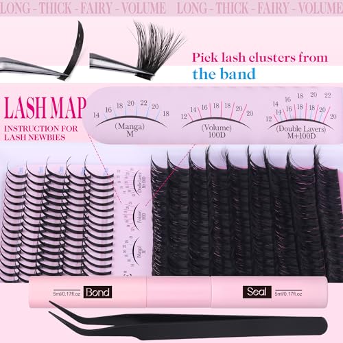 Lash Clusters Kit 100D Long Lash Spikes Lash Extension Kit Thick Eyelash Clusters Volume Individual Lashes Kit Mega Cluster Eyelash Extensions Strip Lashes DIY Spiky Lash Bond and Seal by CORUSCATE