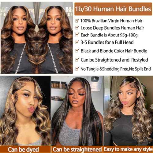 Human Hair Bundles with Closure 14 16 18+14inch Fb30 Colored Ombre Loose Deep Wave Human Hair with 4X4 Closure Free Part Quick Weave 10A Remy Virgin Hair Weave Colored Two Tone Ombre