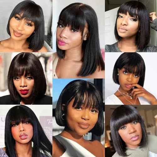 Short Bob Wig with Bangs for Black Women Human Hair Glueless Straight Layered 2x1 Transparent HD Lace Wigs Natural Black Color 16 Inch