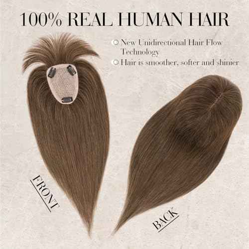 S-noilite Hair Toppers for Women Real Human Hair, 100% Human Hair Toppers with Bangs for Thin Hair, 3.5"*4.7" Handmade Nature-mimicking Scalp Base 12¡± Natural Brown