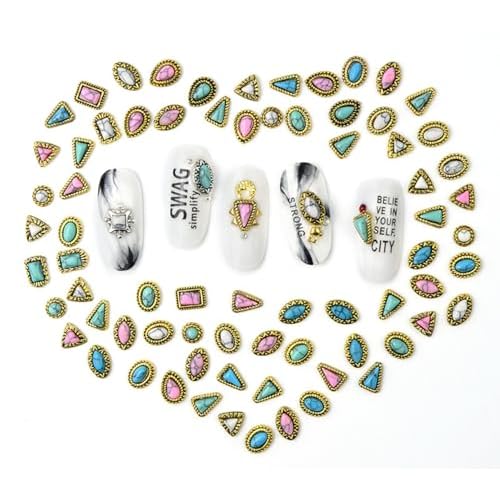 60 Piece Set of Turquoise Gemstone Pendants - 3D Nail Accessories with Hollowed Out Design, Vintage Pendants Suitable for DIY and Western Nail Art, Blue