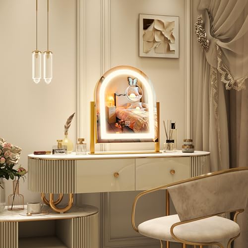ROLOVE Lighted Makeup Mirror with 3-Color Dimmable Lighting, with Removable 10x Magnifier, Smart Touch Control, 360¡Æ Rotation, 15" x 13" Hollywood Vanity Mirror for Tabletop Desk (Gold)
