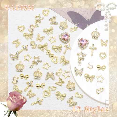 180PCS Gold Nail Charms: Cross Crystal Star, 3D Gold Butterfly, Sparkly Crown, Shiny Dollar Sign, Bling Cross Bowknot Starlight for Nail Art and DIY