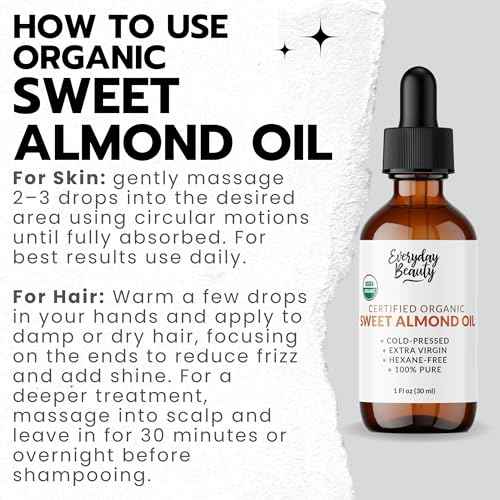 Organic Sweet Almond Oil | 100% Pure, Cold-Pressed, Unrefined | USDA Certified Organic | Amber Glass Bottle with Glass Dropper | For Face, Skin & Hair - 1 Fl Oz
