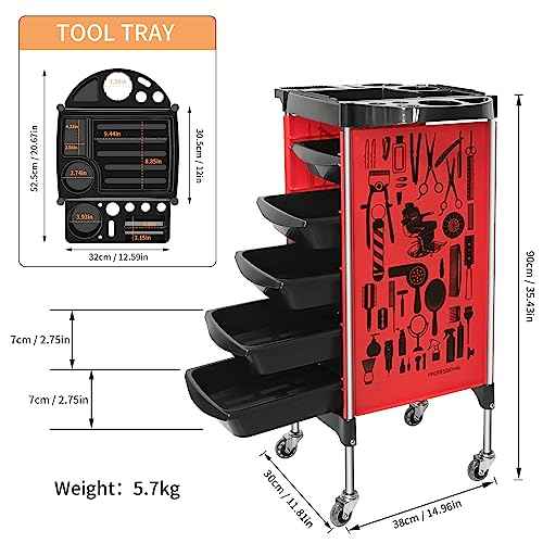RED by Salon Trolley Cart, Multifunction 5 Drawer Hair Stylist Salon Station Rolling Cart Professional Hairdresser Hair Dye Storage Beauty Barber Moveable Station