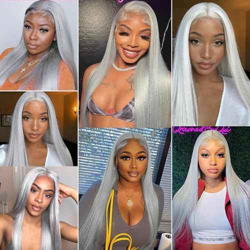 Grey Lace Front Wigs Human Hair for Women, 24inch 150% Density Silver Grey Straight 13X4 HD Transparent Lace Front Wigs Pre Plucked with Baby Hair Natural Hairline