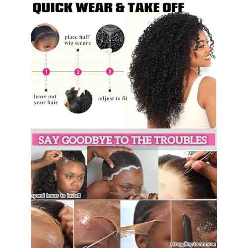 Burmese Curly Half Wig Human Hair 22 Inch True Length 3 In 1 Curly Half Wigs for Black Women Pre Blended 4C Edges Water Wave Wear Go Glueless Wigs Headband Wig Human Hair with Drawstring