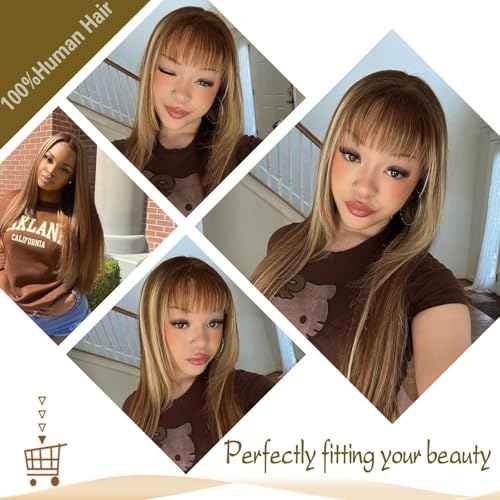 Highlight Ombre Bundles with Lace Closure Brazilian Straight Brown Blonde Highlight 3 Bundle with 4X4 Free Part Closure (14 16 18+14Inch) P4/27 Colored Remy Virgin Hair Weave