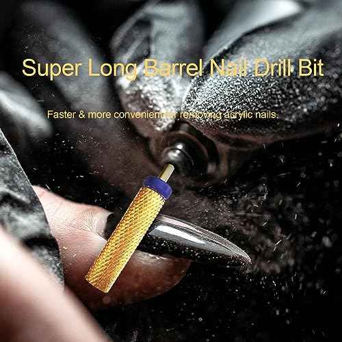 Nail Drill Bit, CORFULRA Super Long Barrel Nail Bit Carbide Tungsten Drill Bit for Nails, Upgrade Professional Advanced bit for Removing Acrylic Nails. Nail Tech Mush Haves (Gold, F)