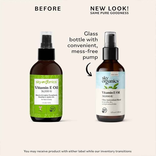 Sky Organics Vitamin E Oil Blend for Face, Organic Antioxidant Facial Oil, 30,000 IUs to Deliver Reparative Moisture and Soothe Dry, Damaged Skin, 100% Pure & Cold-Pressed, 3.97 fl oz, 117 ml