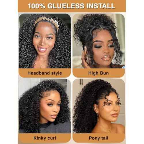 Kinky Curly Half Wig Human Hair 200% Density Wear Go Glueless Wigs Human Hair 3 In 1 Drawstring Seamless Flip Over Wig for Women Daily Wear Headband Wig Beginner Friendly Black (12inch)